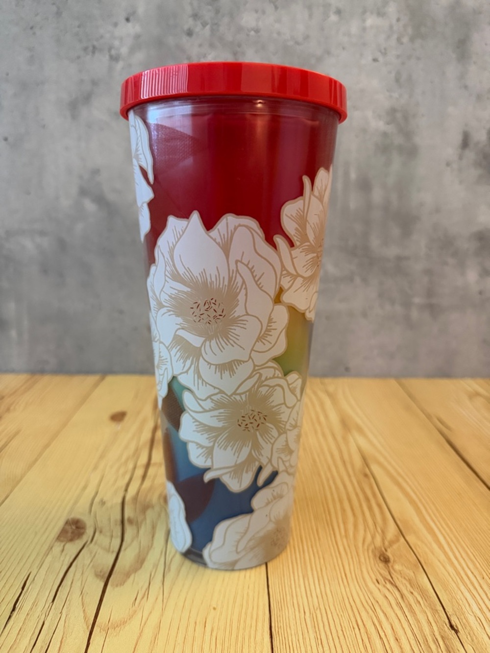 Starbucks Red Lid Gradient Travel Tumbler with White Floral Print